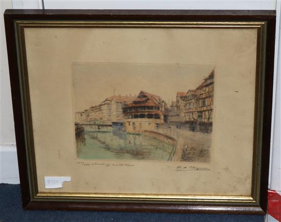 An old masters style pencil study of a classical relief and a coloured etching of Strasbourg 14 x 31cm